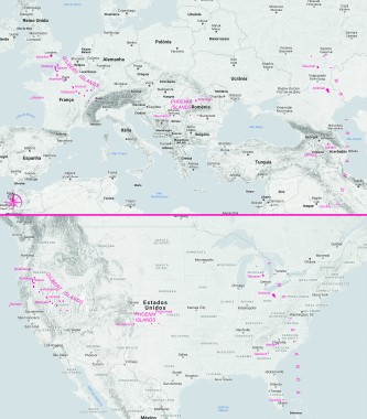 Kiribati na mapach Europy i USA pokazujące rozległość tego państwa