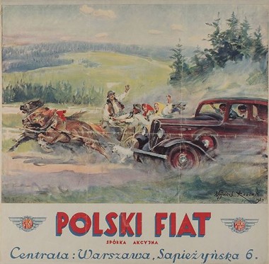 Plakat przedstawiający Fiata oraz galopujące konie