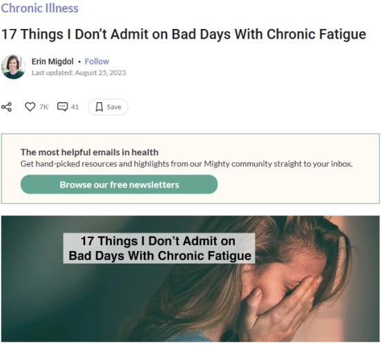 Chronic Illness
17 Things I Don’t Admit on Bad Days With Chronic Fatigue

Erin Migdol  •  
Follow
Last updated: August 25, 2023