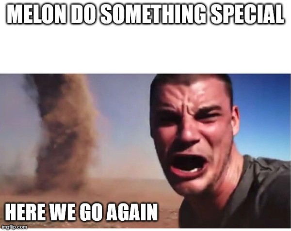 Incoming meme with tornado. Melon do something special and twitter migrants tornado incoming with disturbed mastodon admin face at first plane.