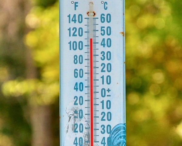 Thermometer showing 110°F, which is 43°C.