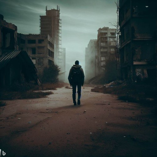 lonely person walking through postapocalyptic, abandoned city