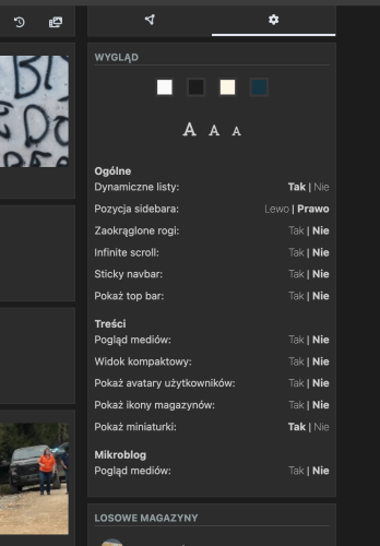 Zrzut ekranu ustawień wyglądu w bocznym menu na platformie /kbin