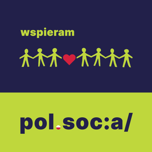 Kilka osób trzymających się za ręce, między nimi czerwone serce a niżej napis „wspieram Pol.social”