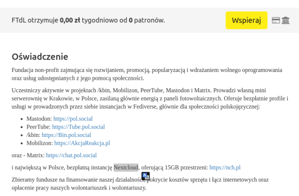 Screen ze strony liberapay:

FTdL otrzymuje 0,00 zł tygodniowo od 0 patronów.