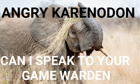 Elephant with blonde straw whig.
TEXT:
Angry Karenodon
Can I speak with your game warden?