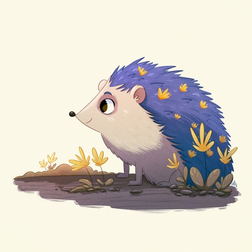 Hedgehog sitting and smiling, his back is blue and flowers grow out of him.