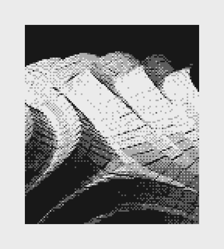 A black and white photo taken with a Gameboy Camera of an interesting, organically shaped building.