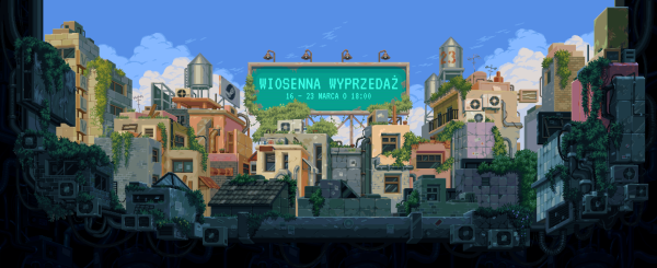 Grafika promująca wydarzenie Wiosenna Wyprzedaż na platformie Steam. Przedstawia pixelartowe budynki, ponad którymi rozpościera się zielony baner / ekran z napisami. Promocja trwa w dniach 16-23 marca.