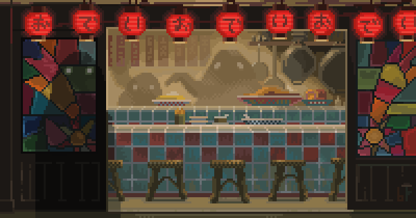 a pixel art study of a frame from 'Spirited Away' 3 spirits beckon from a steaming food stall 